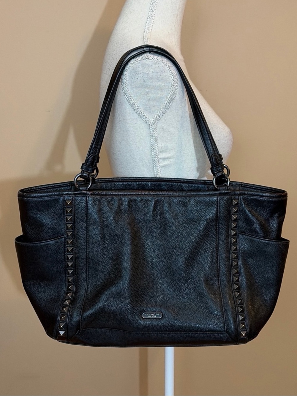 COACH Black Park Leather Pyramid Studded Carrie Tote | Style F32897